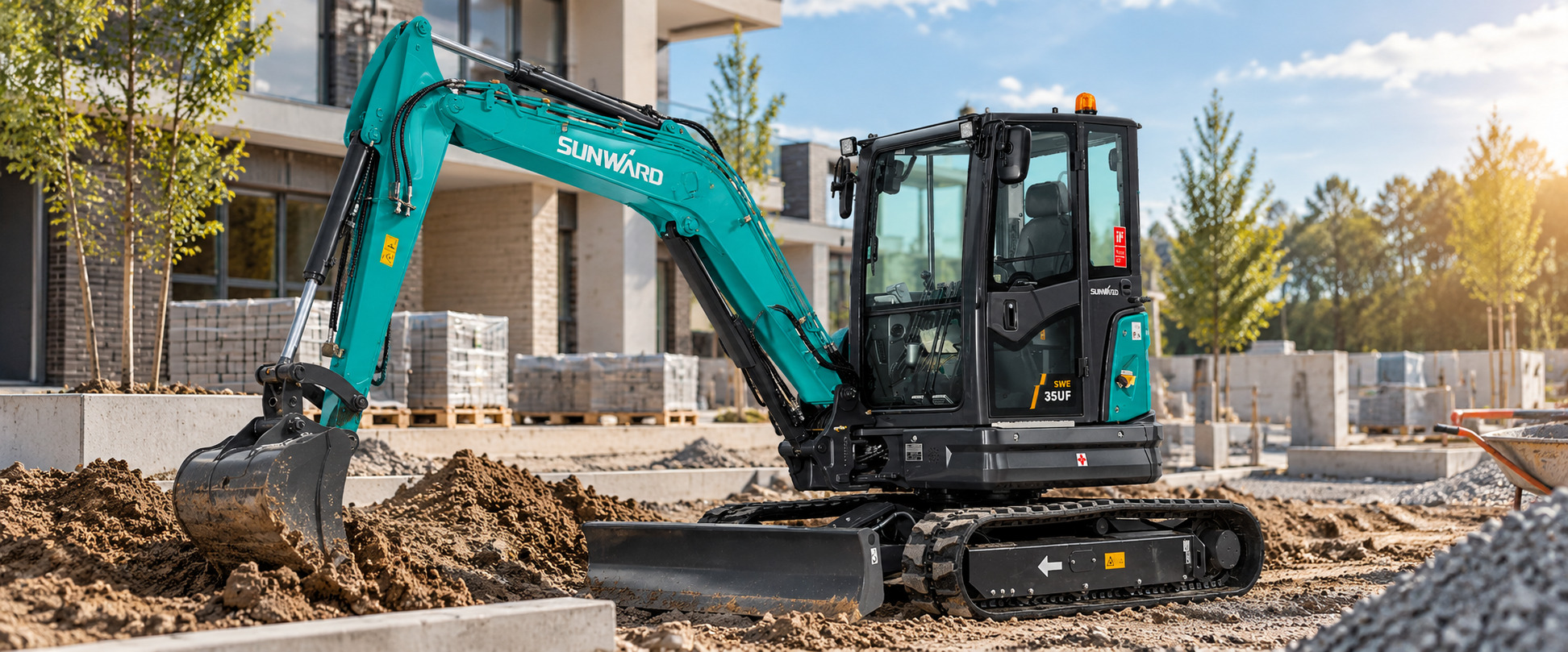 Мини-экскаватор SUNWARD SWE35UF на строительной площадке